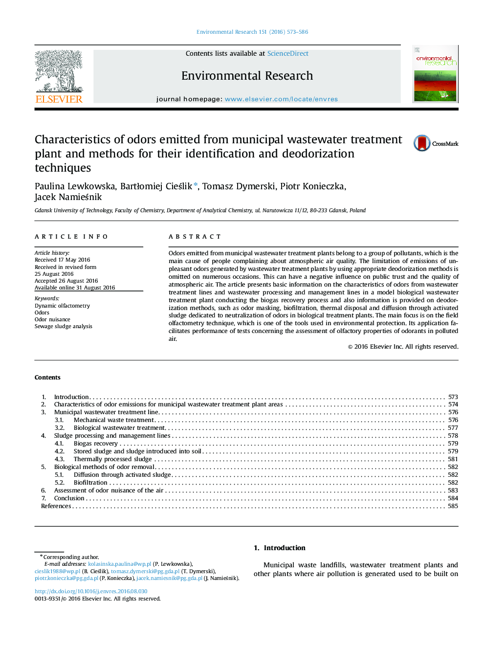 Characteristics of odors emitted from municipal wastewater treatment plant and methods for their identification and deodorization techniques