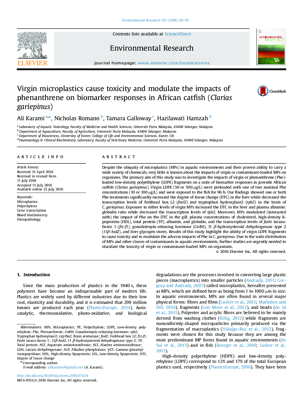 Virgin microplastics cause toxicity and modulate the impacts of phenanthrene on biomarker responses in African catfish (Clarias gariepinus)