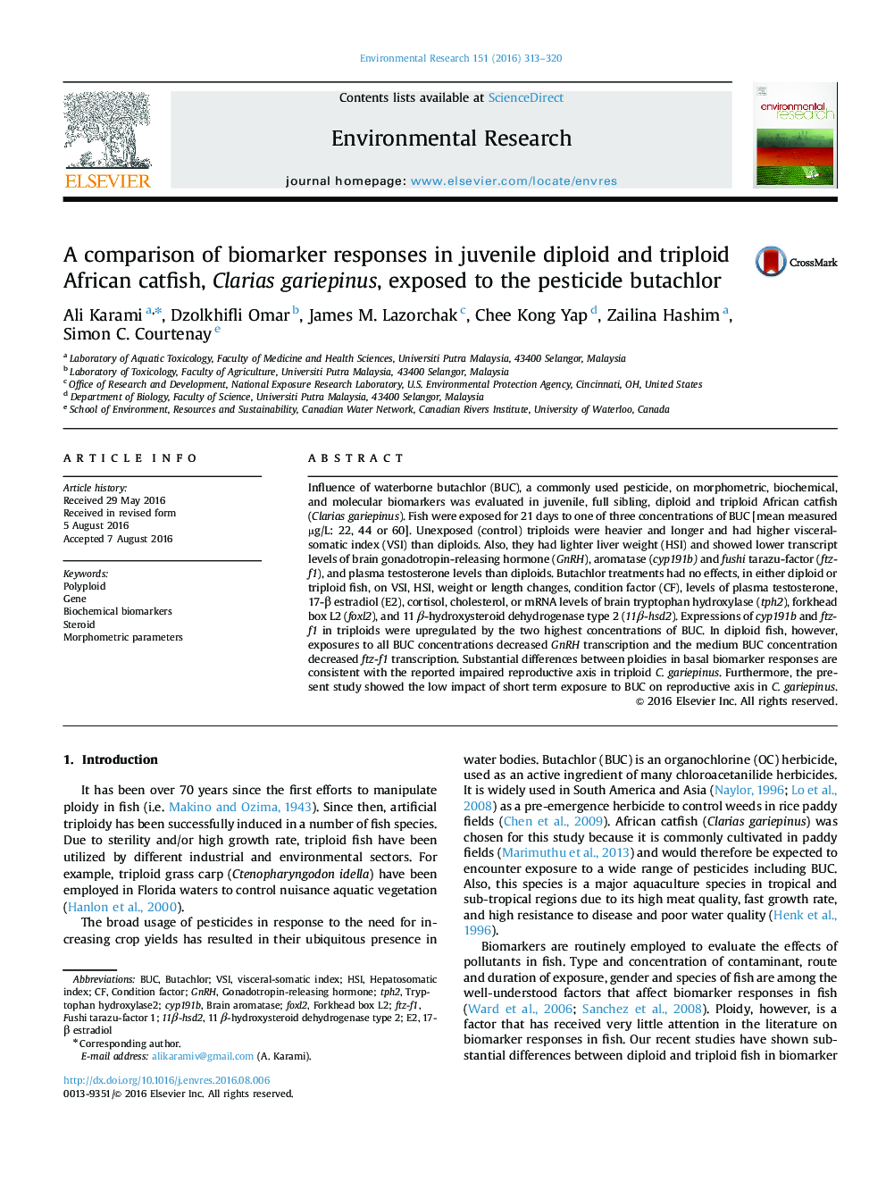 A comparison of biomarker responses in juvenile diploid and triploid African catfish, Clarias gariepinus, exposed to the pesticide butachlor