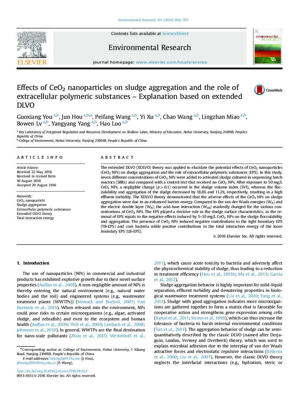 Effects of CeO2 nanoparticles on sludge aggregation and the role of extracellular polymeric substances - Explanation based on extended DLVO