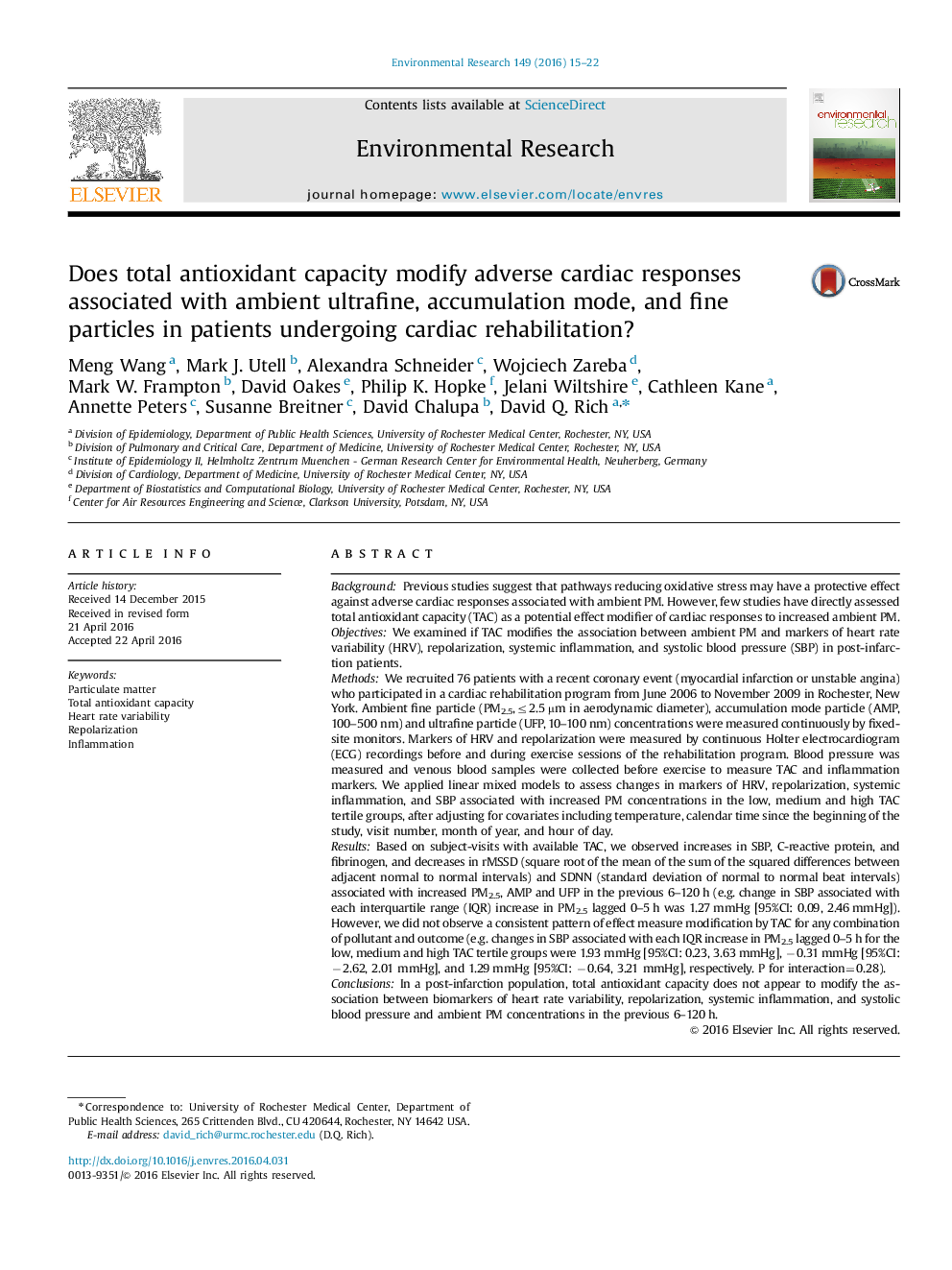 Does total antioxidant capacity modify adverse cardiac responses associated with ambient ultrafine, accumulation mode, and fine particles in patients undergoing cardiac rehabilitation?