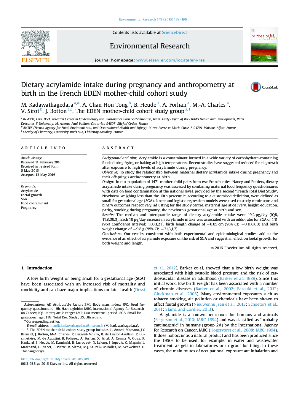 Dietary acrylamide intake during pregnancy and anthropometry at birth in the French EDEN mother-child cohort study