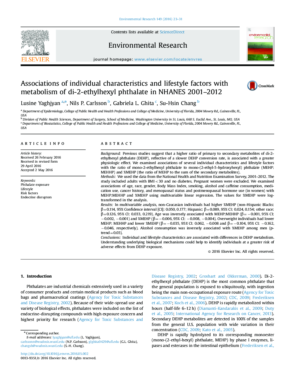 Associations of individual characteristics and lifestyle factors with metabolism of di-2-ethylhexyl phthalate in NHANES 2001-2012