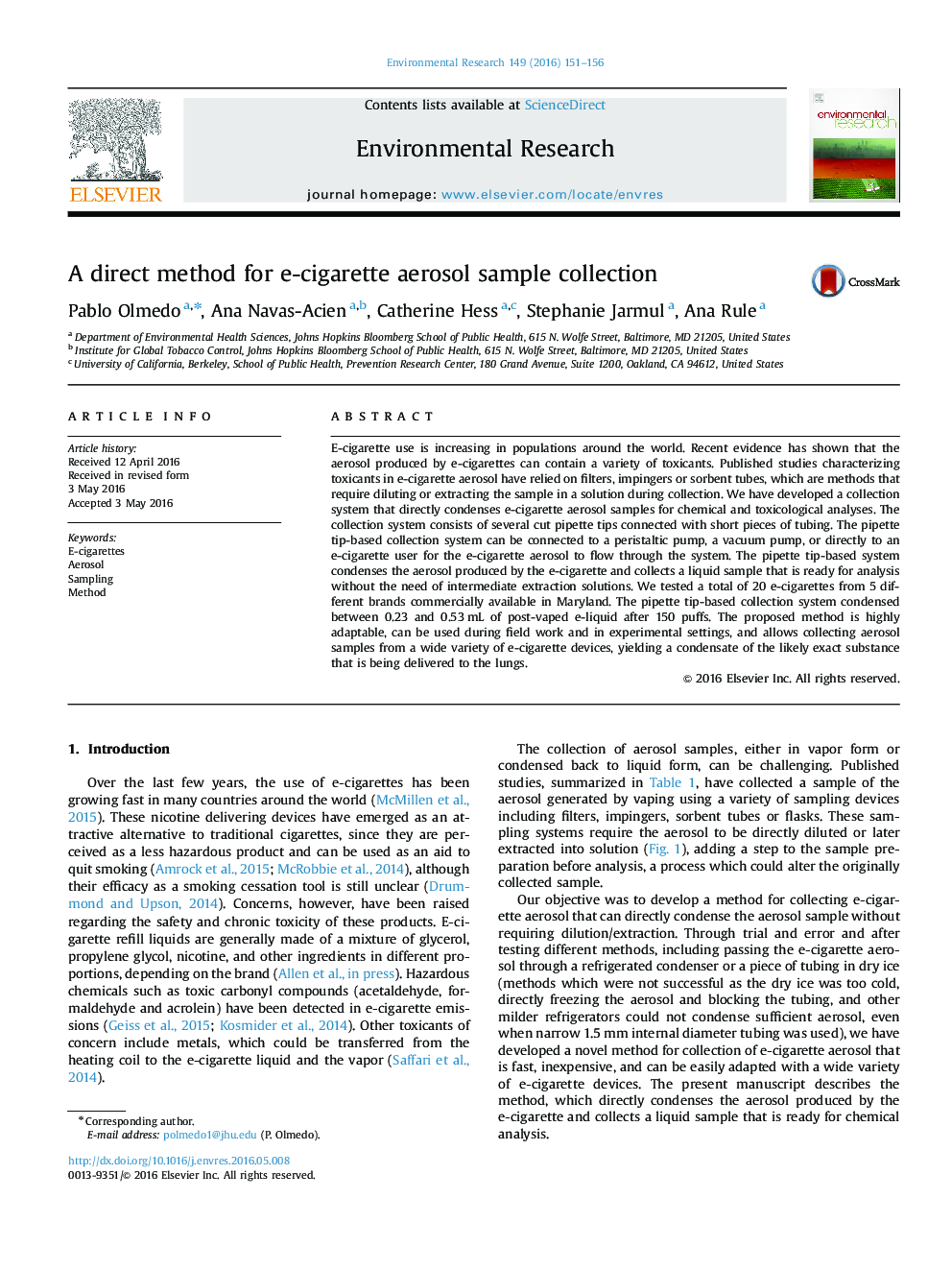 A direct method for e-cigarette aerosol sample collection