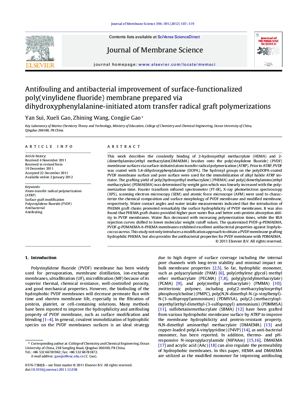 Antifouling and antibacterial improvement of surface-functionalized poly(vinylidene fluoride) membrane prepared via dihydroxyphenylalanine-initiated atom transfer radical graft polymerizations