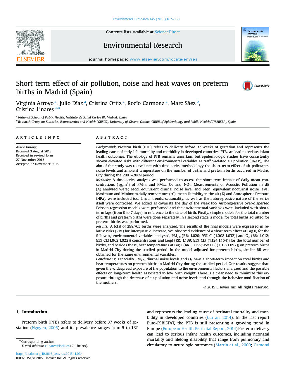 Short term effect of air pollution, noise and heat waves on preterm births in Madrid (Spain)