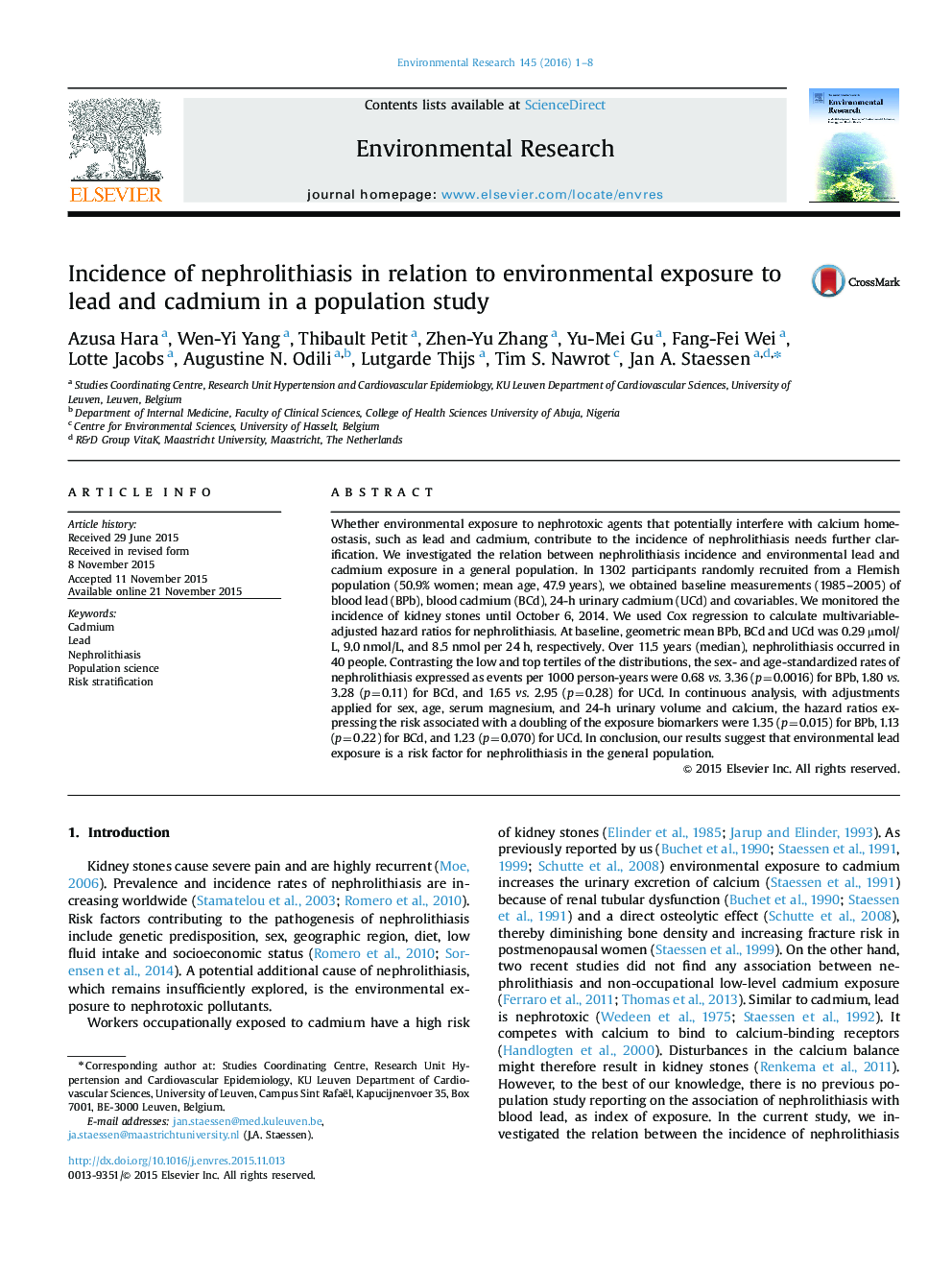 Incidence of nephrolithiasis in relation to environmental exposure to lead and cadmium in a population study