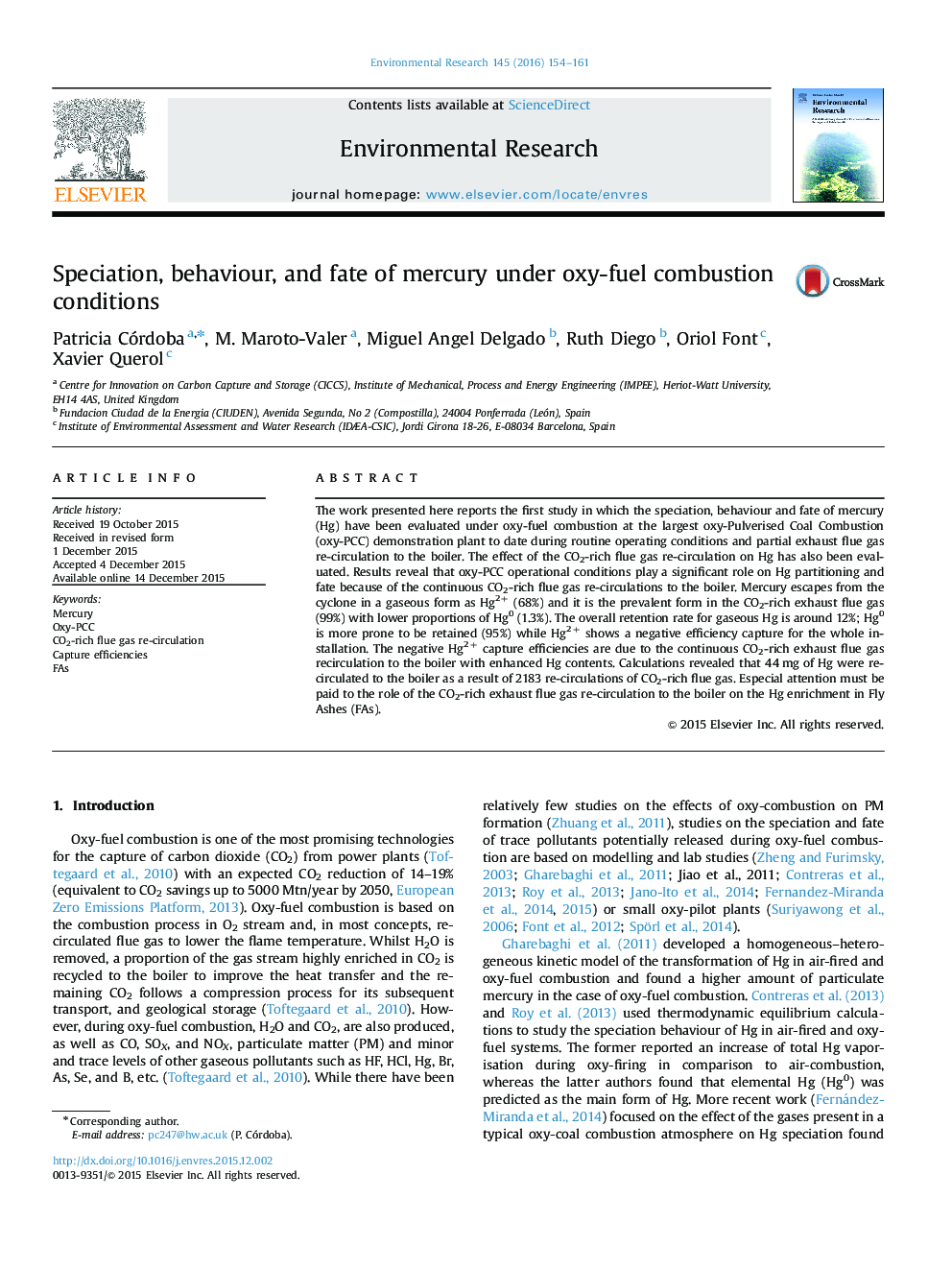 Speciation, behaviour, and fate of mercury under oxy-fuel combustion conditions