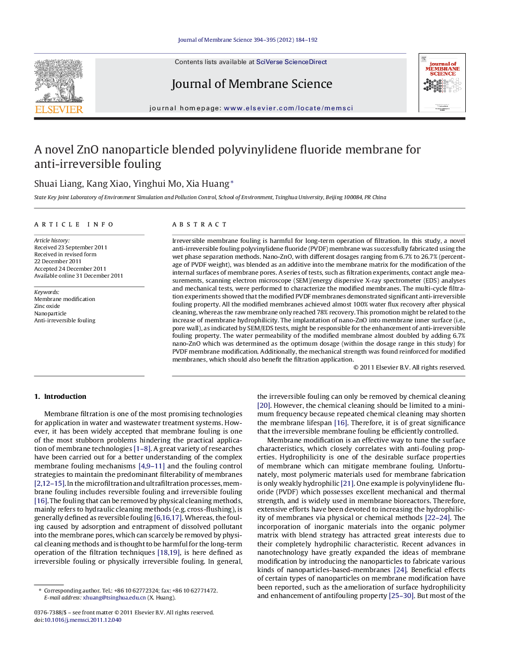 A novel ZnO nanoparticle blended polyvinylidene fluoride membrane for anti-irreversible fouling