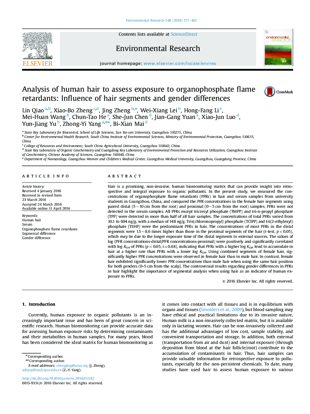 Analysis of human hair to assess exposure to organophosphate flame retardants: Influence of hair segments and gender differences