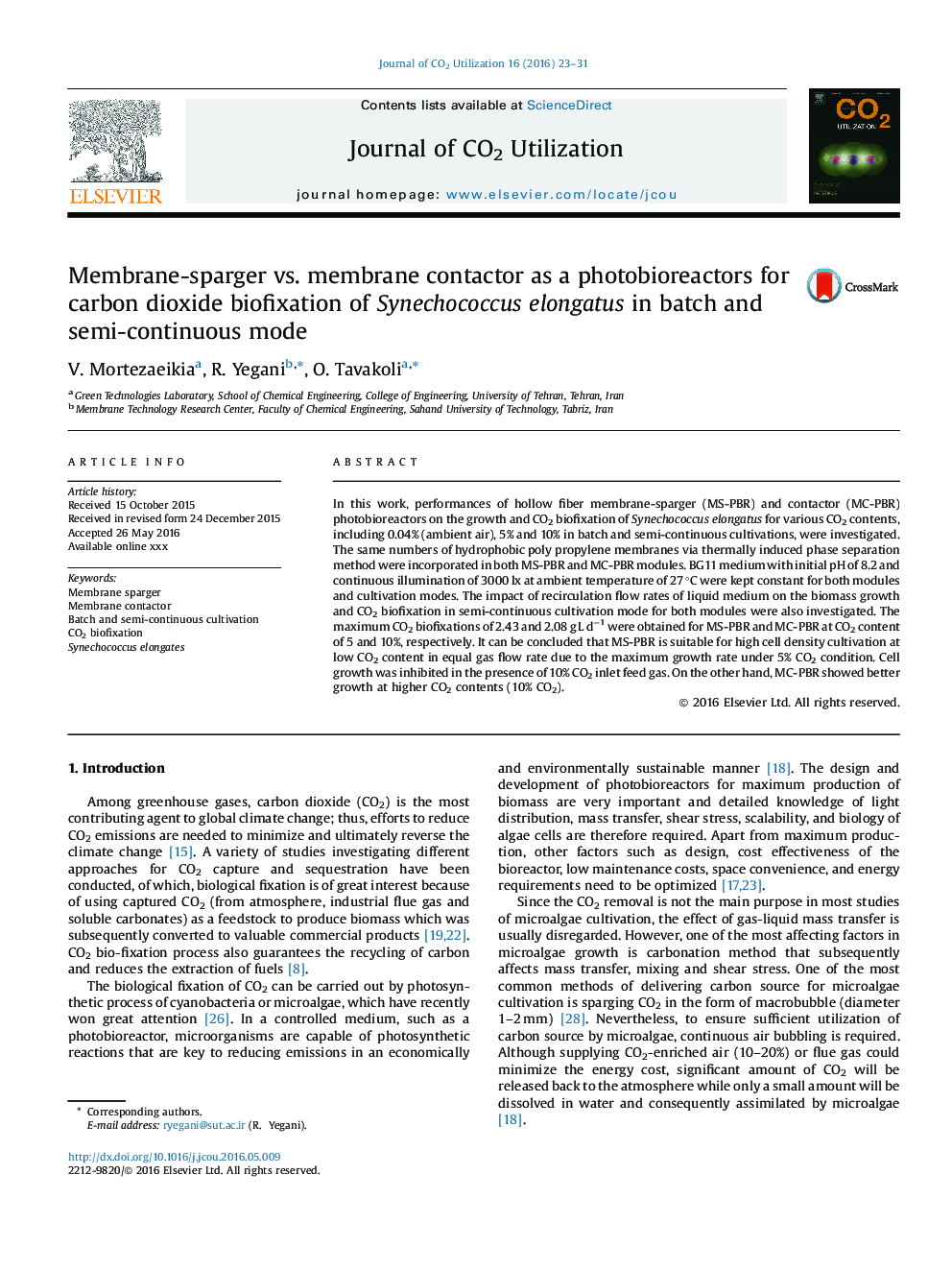 Membrane-sparger vs. membrane contactor as a photobioreactors for carbon dioxide biofixation of Synechococcus elongatus in batch and semi-continuous mode