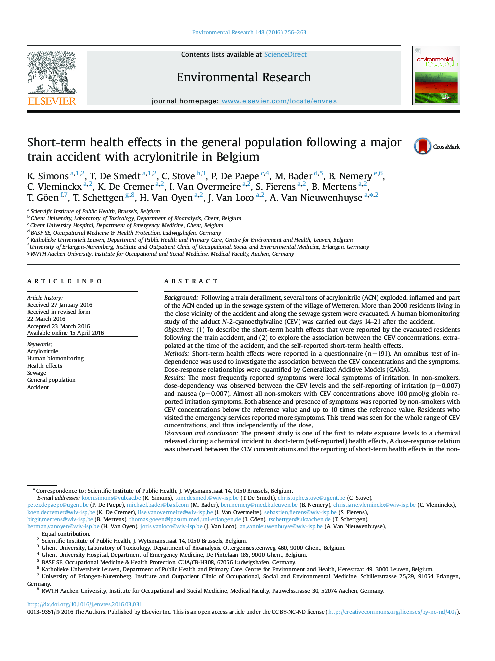 Short-term health effects in the general population following a major train accident with acrylonitrile in Belgium