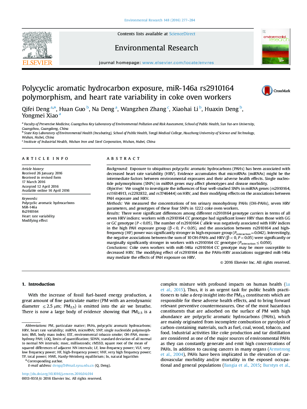 Polycyclic aromatic hydrocarbon exposure, miR-146a rs2910164 polymorphism, and heart rate variability in coke oven workers