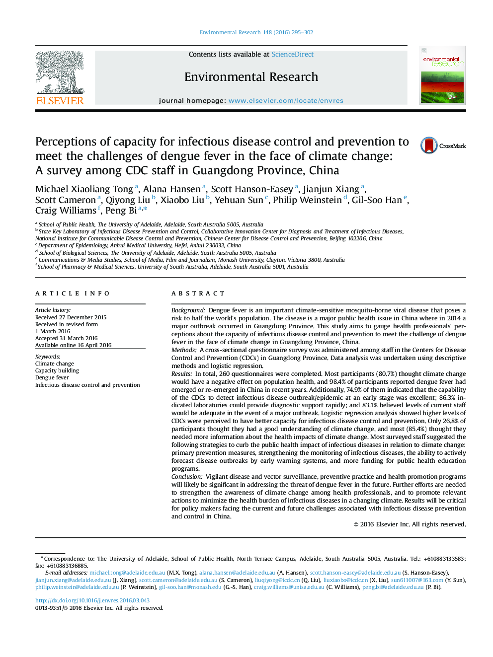 Perceptions of capacity for infectious disease control and prevention to meet the challenges of dengue fever in the face of climate change: A survey among CDC staff in Guangdong Province, China