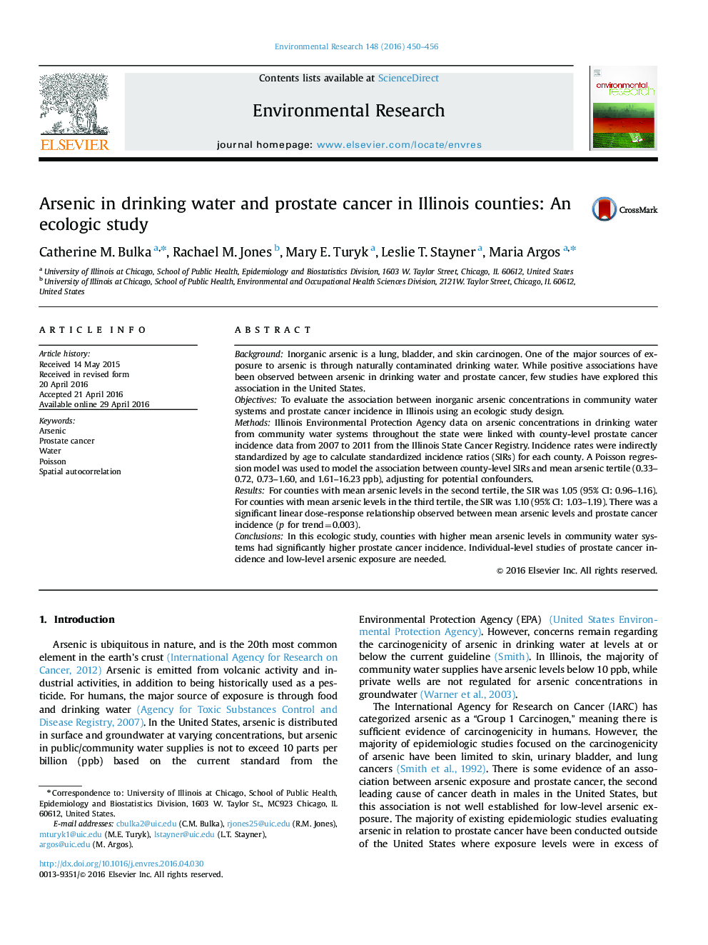 Arsenic in drinking water and prostate cancer in Illinois counties: An ecologic study