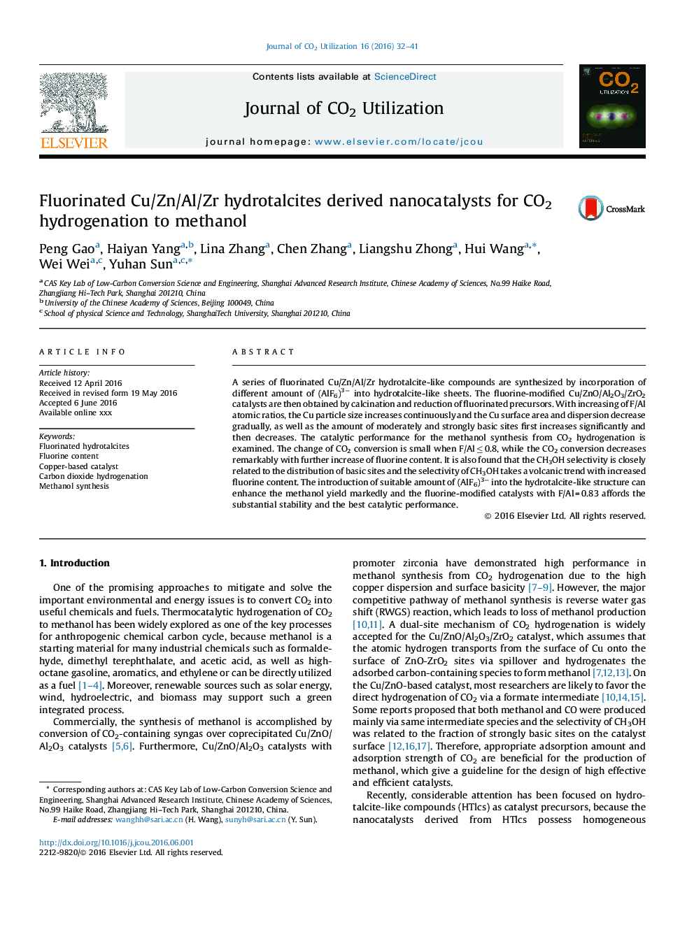 Fluorinated Cu/Zn/Al/Zr hydrotalcites derived nanocatalysts for CO2 hydrogenation to methanol