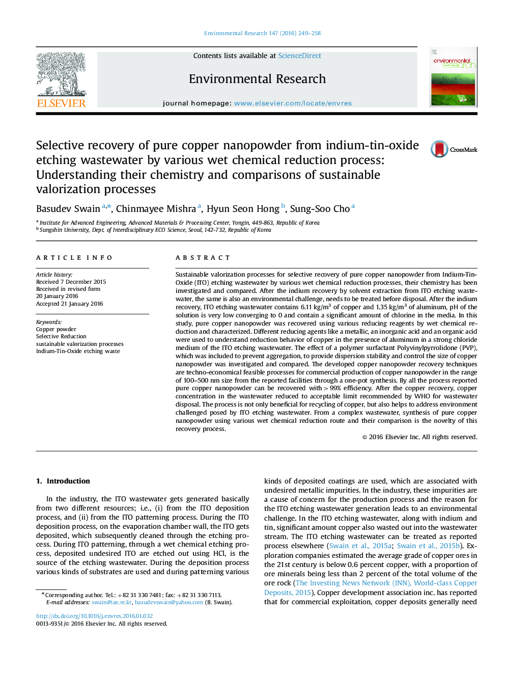 Selective recovery of pure copper nanopowder from indium-tin-oxide etching wastewater by various wet chemical reduction process: Understanding their chemistry and comparisons of sustainable valorization processes