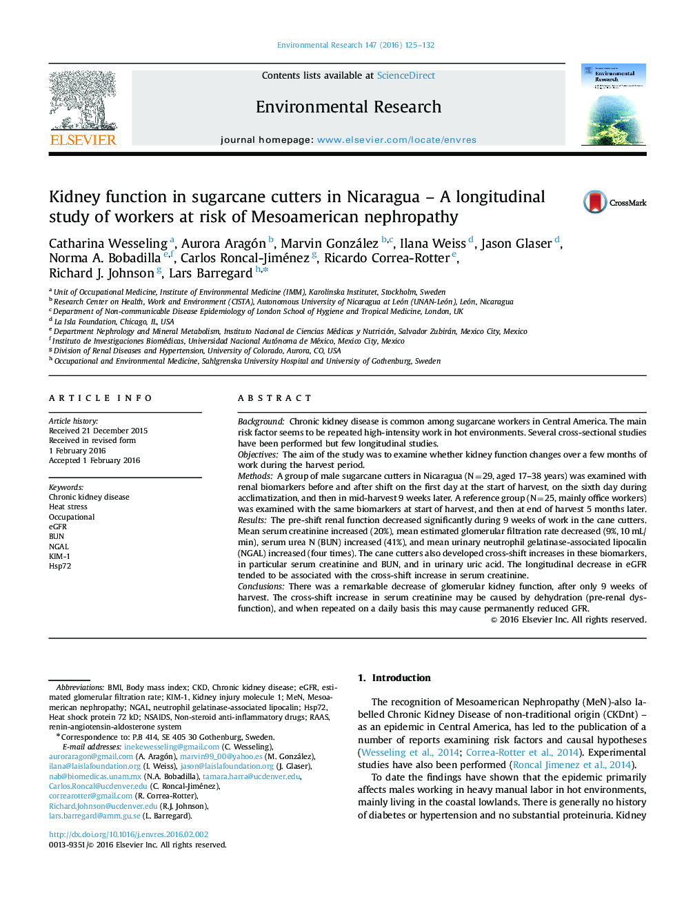 Kidney function in sugarcane cutters in Nicaragua - A longitudinal study of workers at risk of Mesoamerican nephropathy