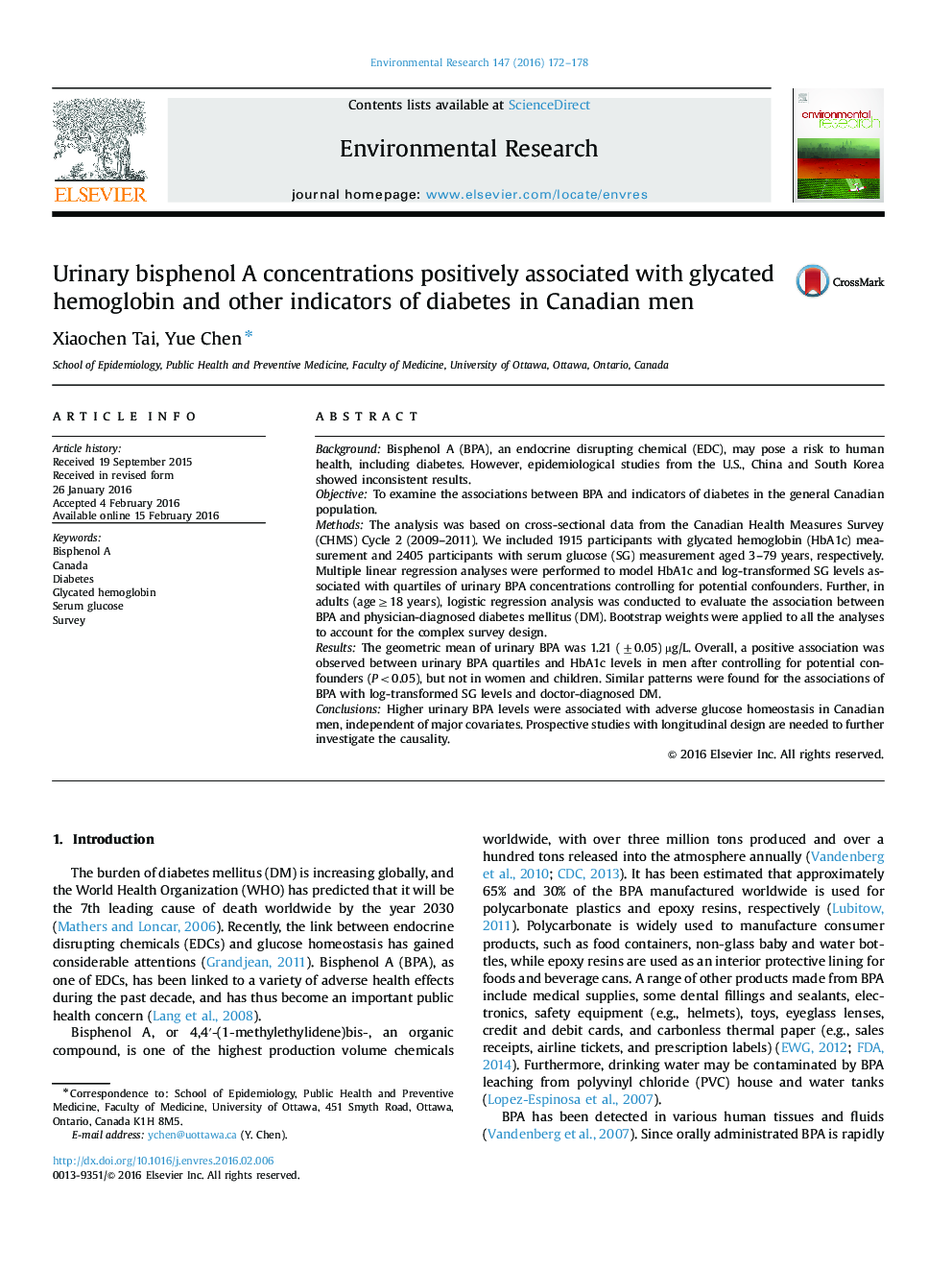 Urinary bisphenol A concentrations positively associated with glycated hemoglobin and other indicators of diabetes in Canadian men