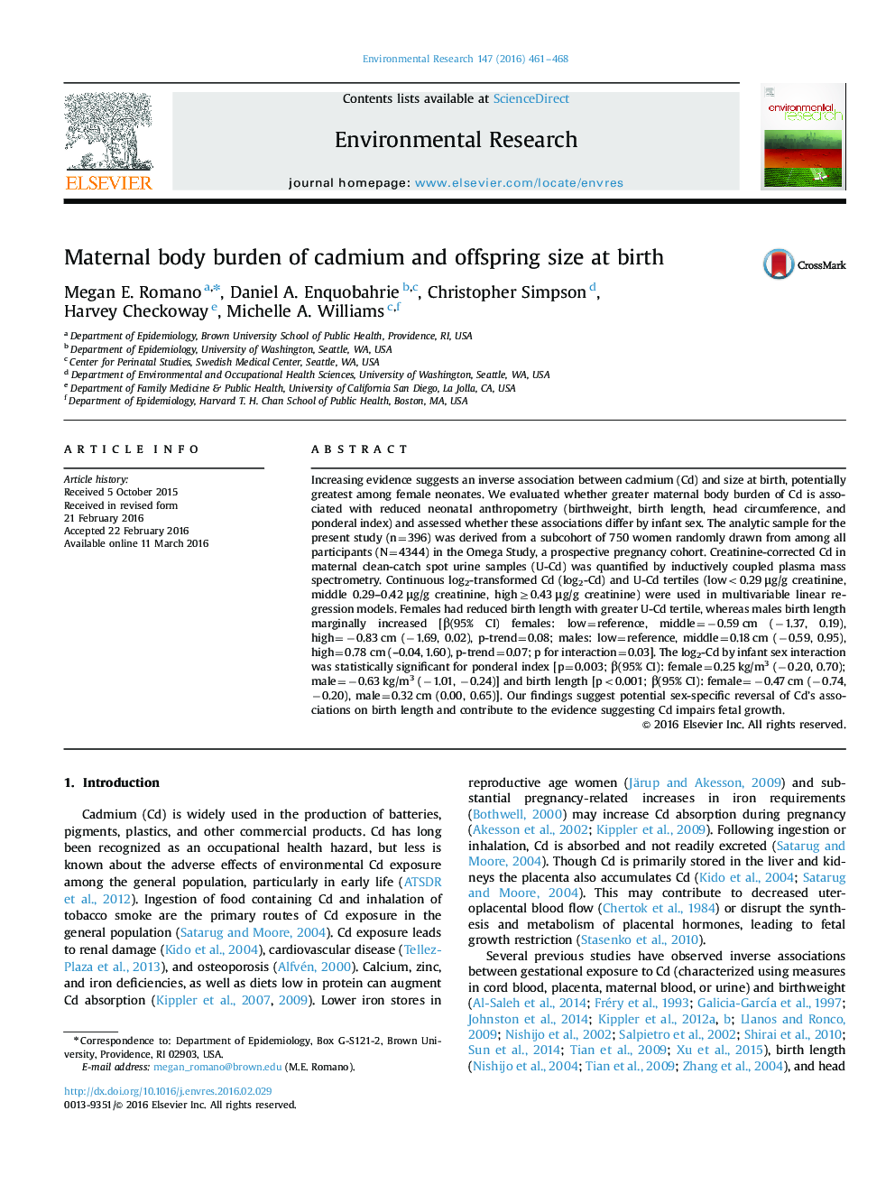 Maternal body burden of cadmium and offspring size at birth