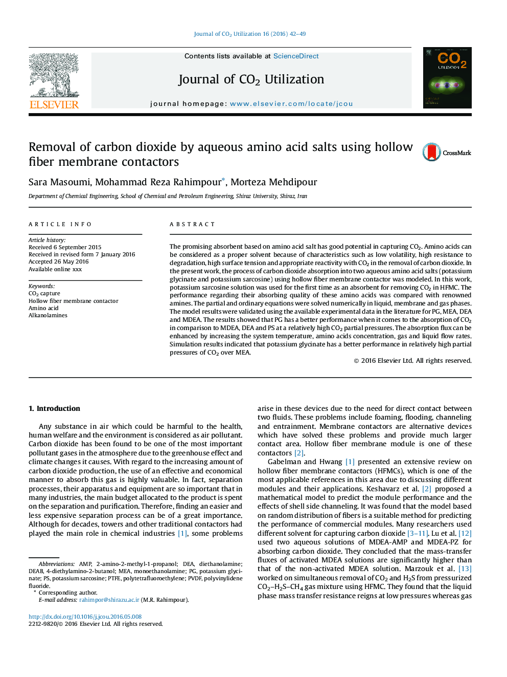 Removal of carbon dioxide by aqueous amino acid salts using hollow fiber membrane contactors