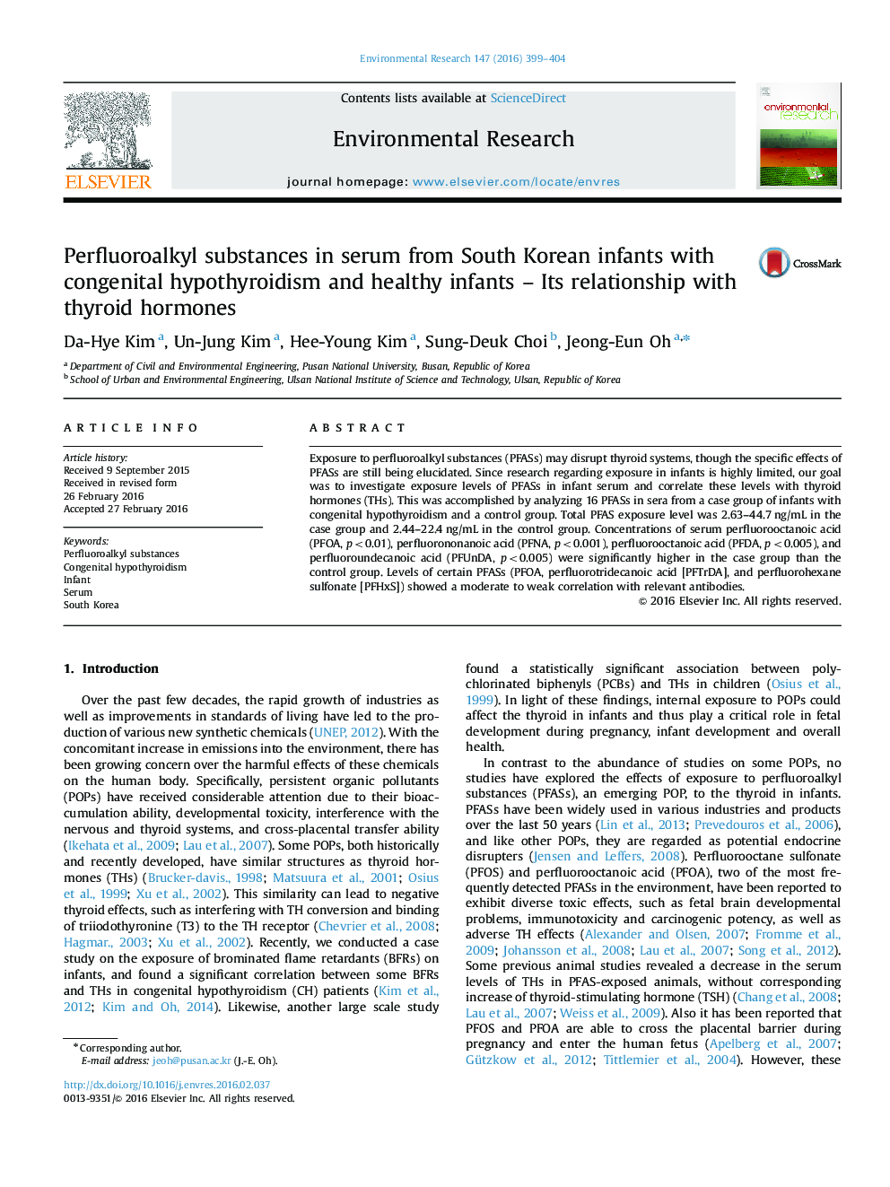 Perfluoroalkyl substances in serum from South Korean infants with congenital hypothyroidism and healthy infants - Its relationship with thyroid hormones