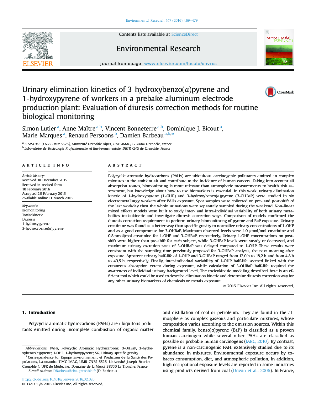 Urinary elimination kinetics of 3-hydroxybenzo(a)pyrene and 1-hydroxypyrene of workers in a prebake aluminum electrode production plant: Evaluation of diuresis correction methods for routine biological monitoring