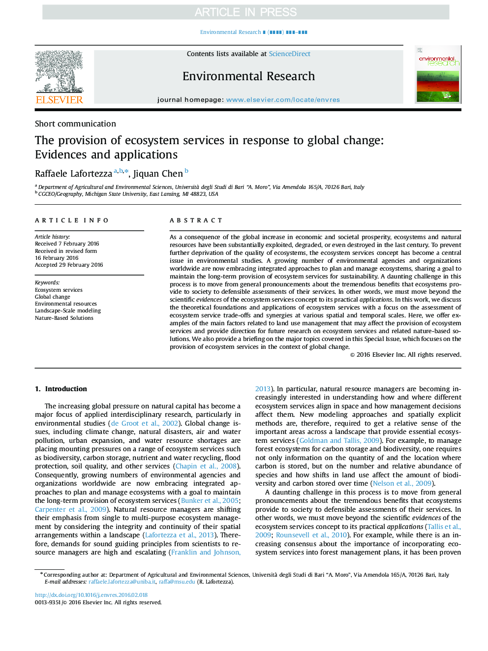 The provision of ecosystem services in response to global change: Evidences and applications