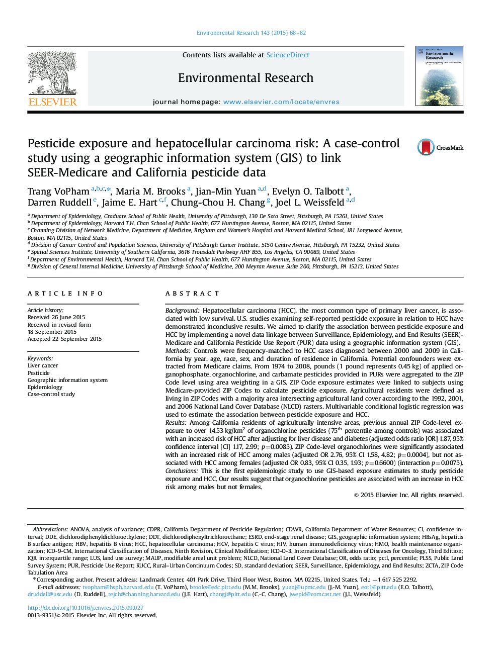 Pesticide exposure and hepatocellular carcinoma risk: A case-control study using a geographic information system (GIS) to link SEER-Medicare and California pesticide data