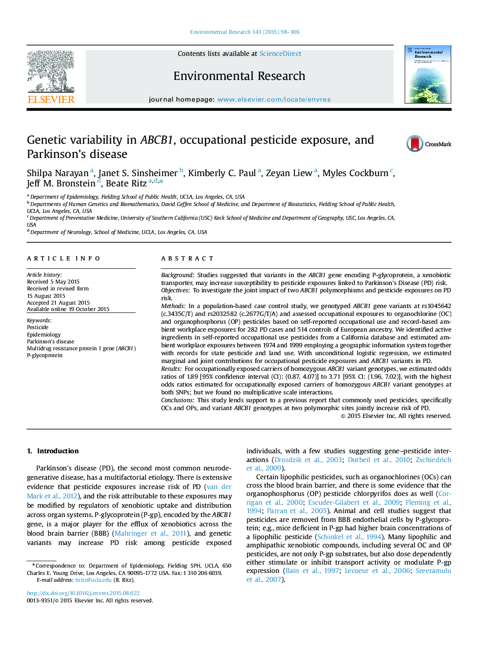 Genetic variability in ABCB1, occupational pesticide exposure, and Parkinson's disease