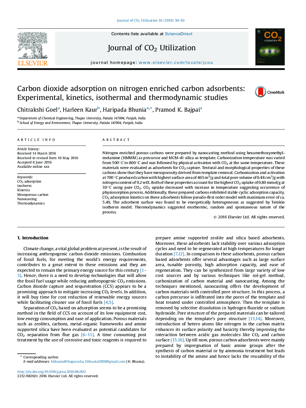 جذب دی اکسید کربن در جاذب های کربن با غنای نیتروژن: مطالعات تجربی، سینتیک، همدما و ترمودینامیکی 