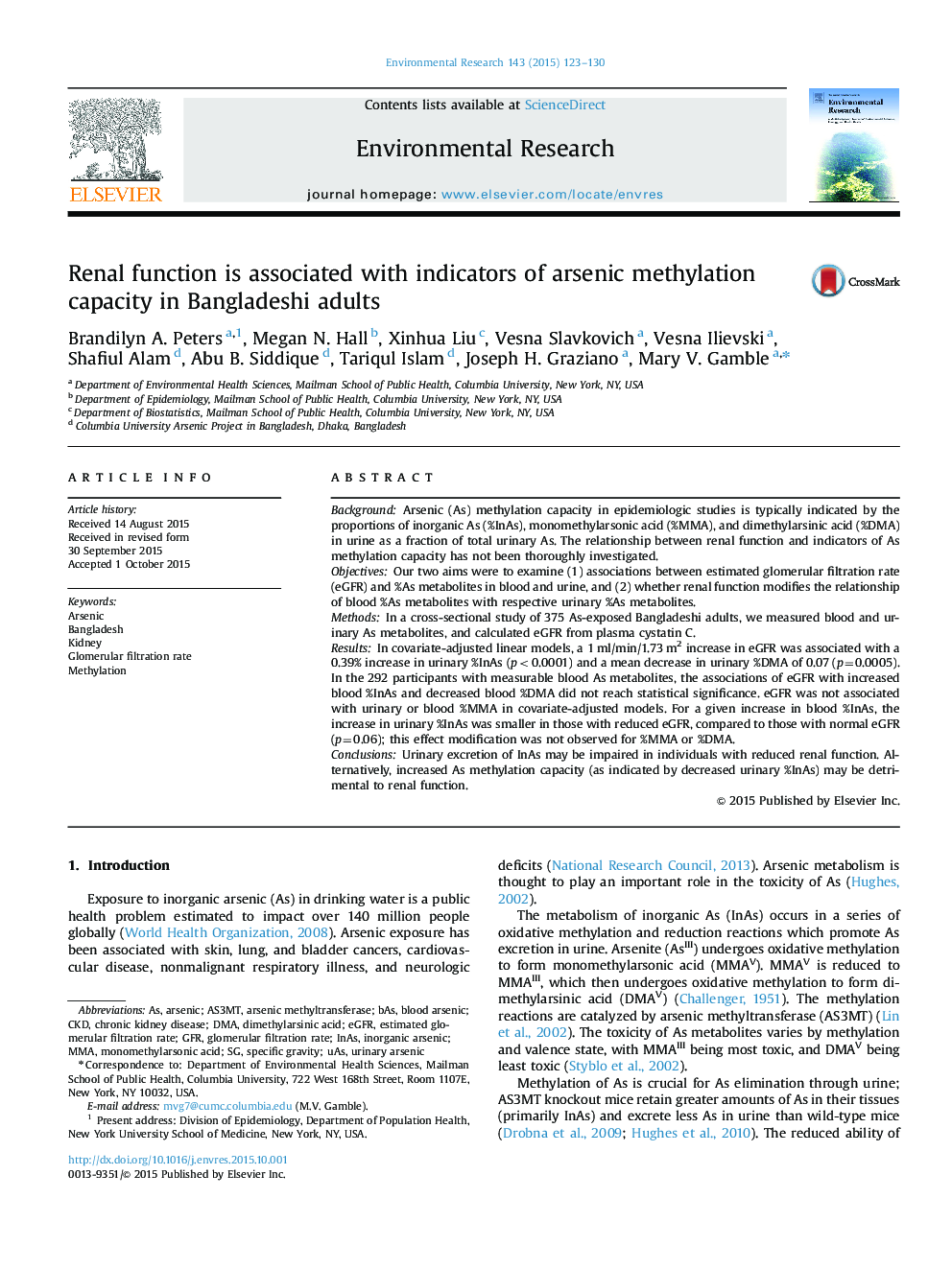 Renal function is associated with indicators of arsenic methylation capacity in Bangladeshi adults