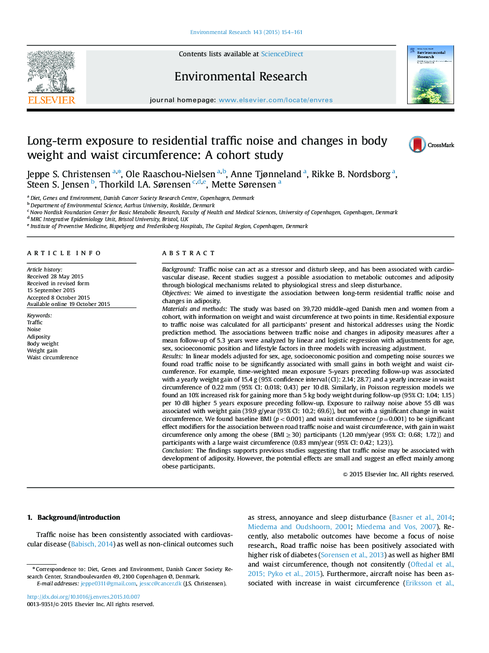 Long-term exposure to residential traffic noise and changes in body weight and waist circumference: A cohort study