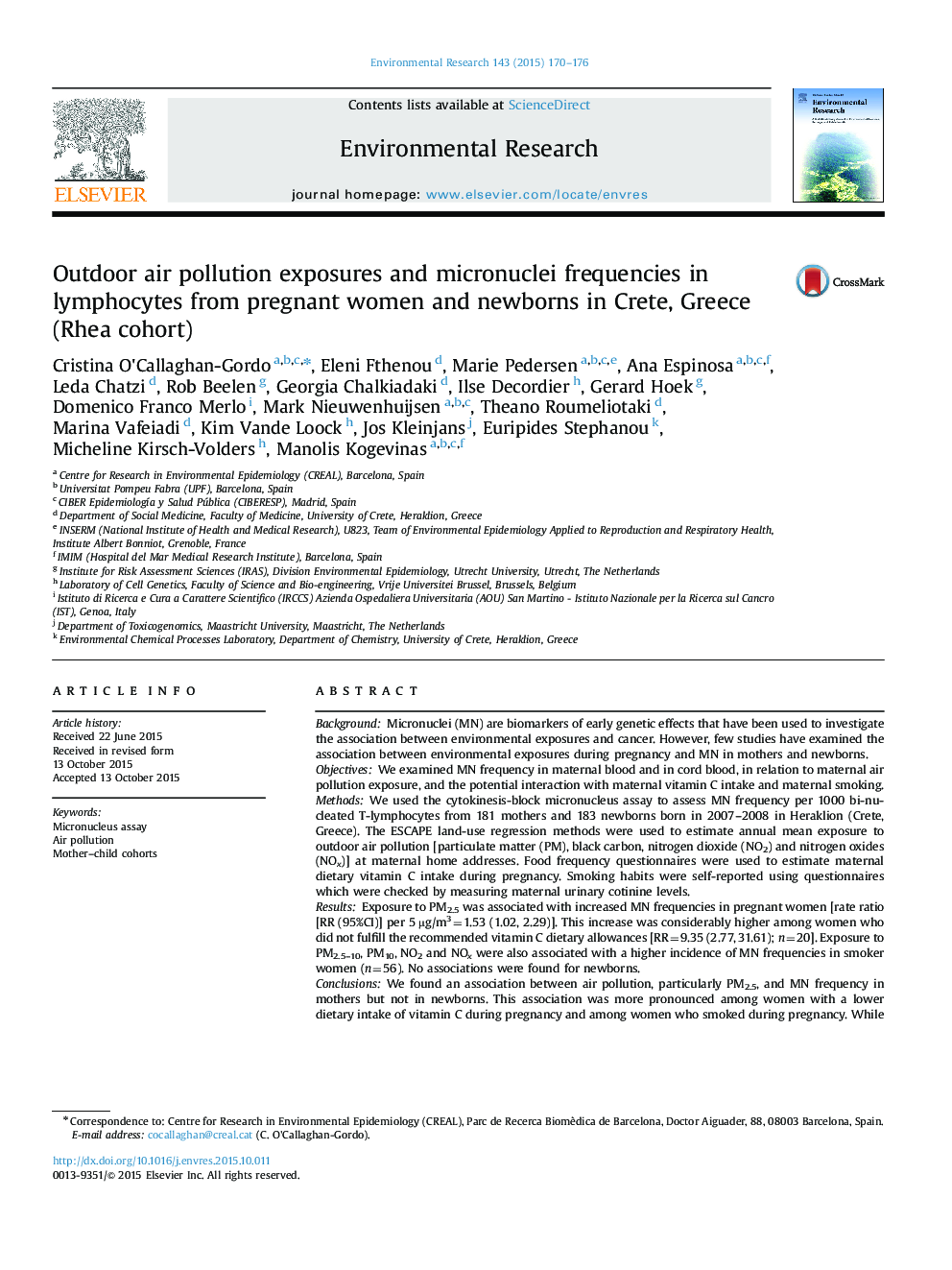 Outdoor air pollution exposures and micronuclei frequencies in lymphocytes from pregnant women and newborns in Crete, Greece (Rhea cohort)