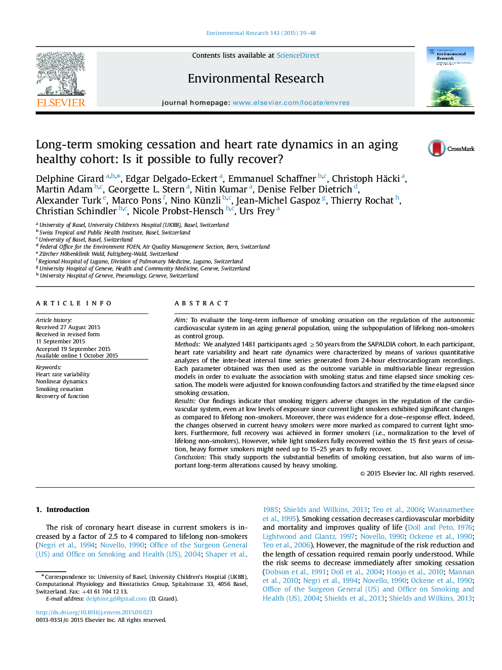 Long-term smoking cessation and heart rate dynamics in an aging healthy cohort: Is it possible to fully recover?