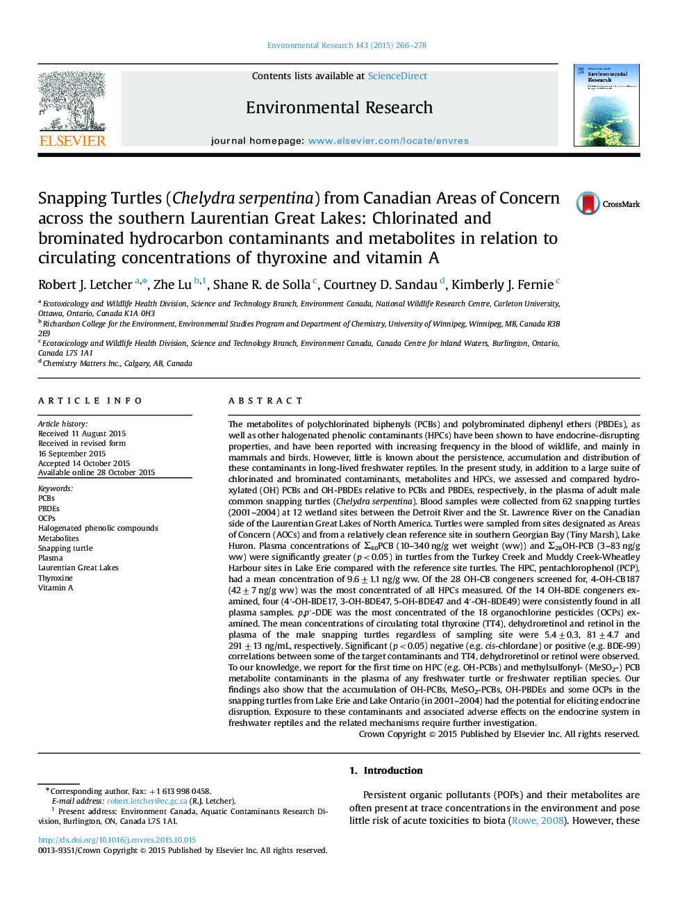 Snapping Turtles (Chelydra serpentina) from Canadian Areas of Concern across the southern Laurentian Great Lakes: Chlorinated and brominated hydrocarbon contaminants and metabolites in relation to circulating concentrations of thyroxine and vitamin A