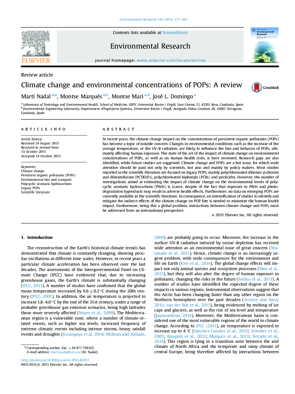 Climate change and environmental concentrations of POPs: A review