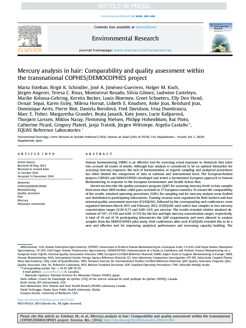 Mercury analysis in hair: Comparability and quality assessment within the transnational COPHES/DEMOCOPHES project