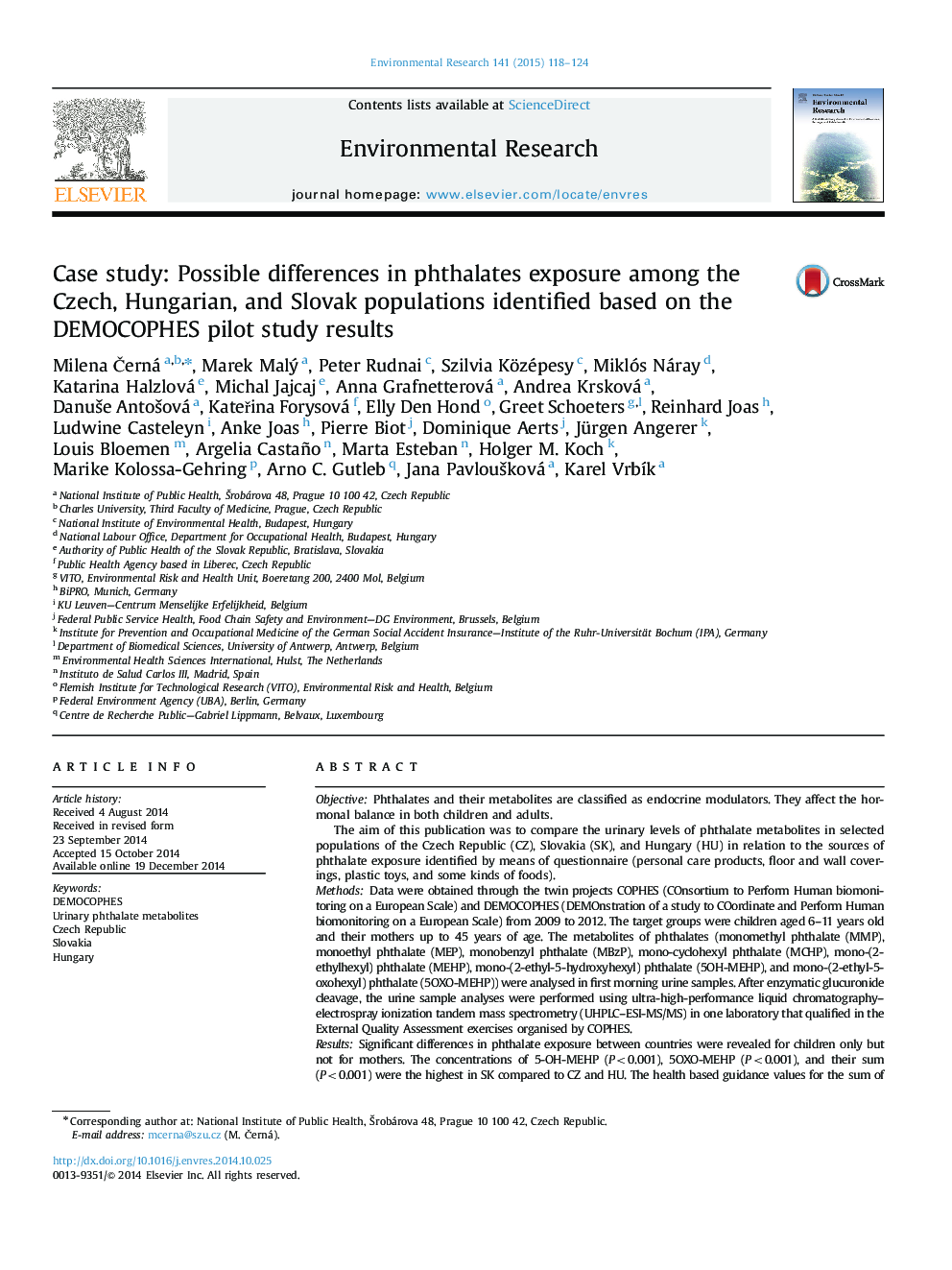 Case study: Possible differences in phthalates exposure among the Czech, Hungarian, and Slovak populations identified based on the DEMOCOPHES pilot study results