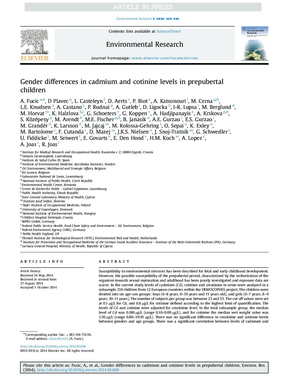 Gender differences in cadmium and cotinine levels in prepubertal children