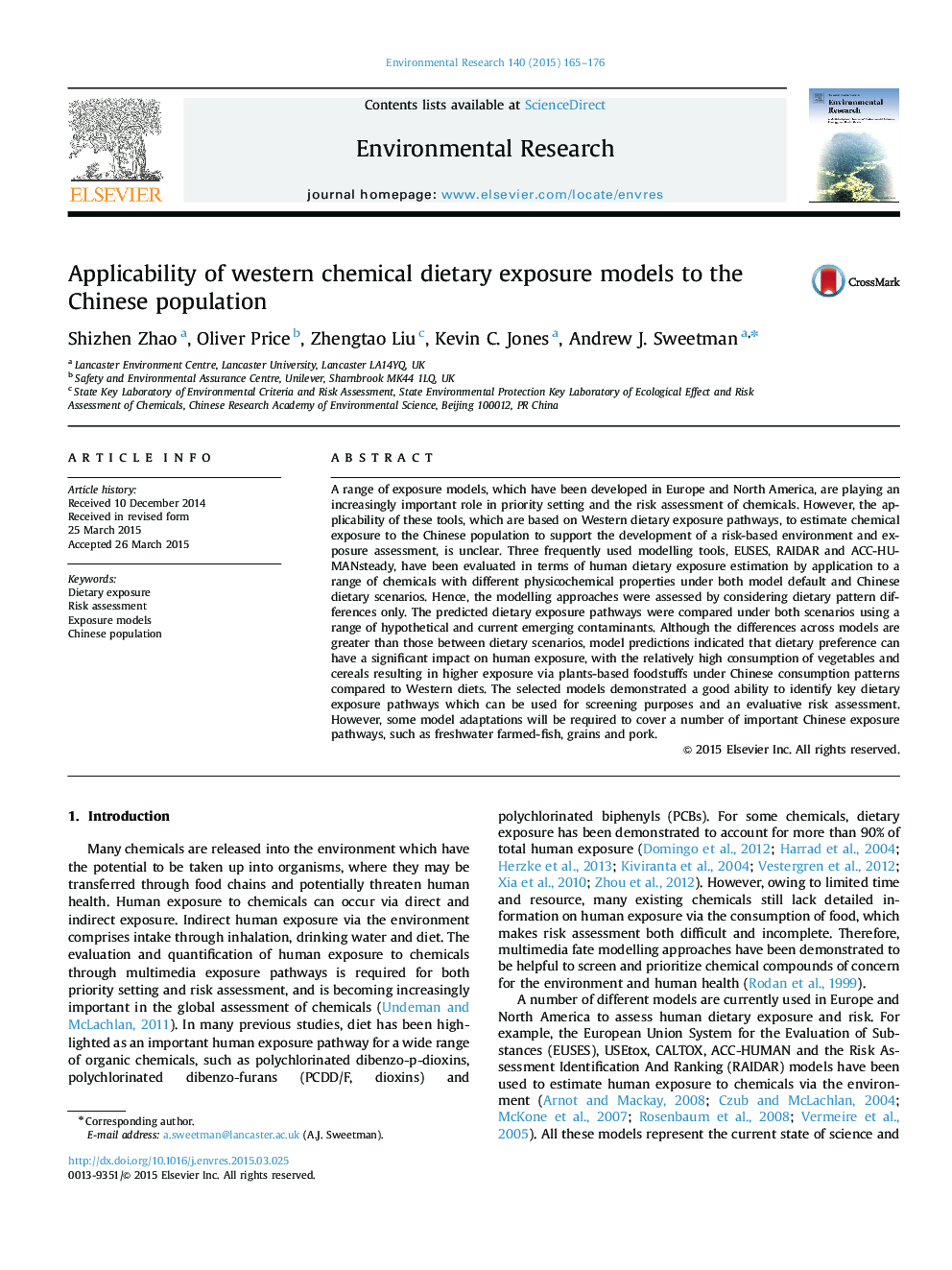 Applicability of western chemical dietary exposure models to the Chinese population