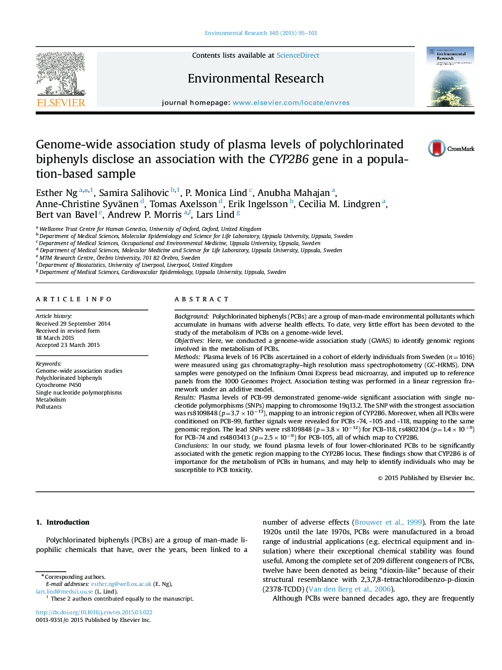 عکس صفحه اول مقاله: Genome-wide association study of plasma levels of polychlorinated biphenyls disclose an association with the CYP2B6 gene in a population-based sample Genome-wide association study of plasma levels of polychlorinated biphenyls disclose an association with the CYP2B6 gene in a population-based sample