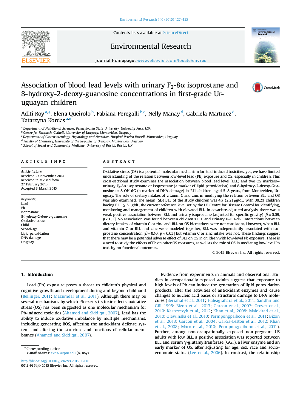 Association of blood lead levels with urinary F2-8Î± isoprostane and 8-hydroxy-2-deoxy-guanosine concentrations in first-grade Uruguayan children