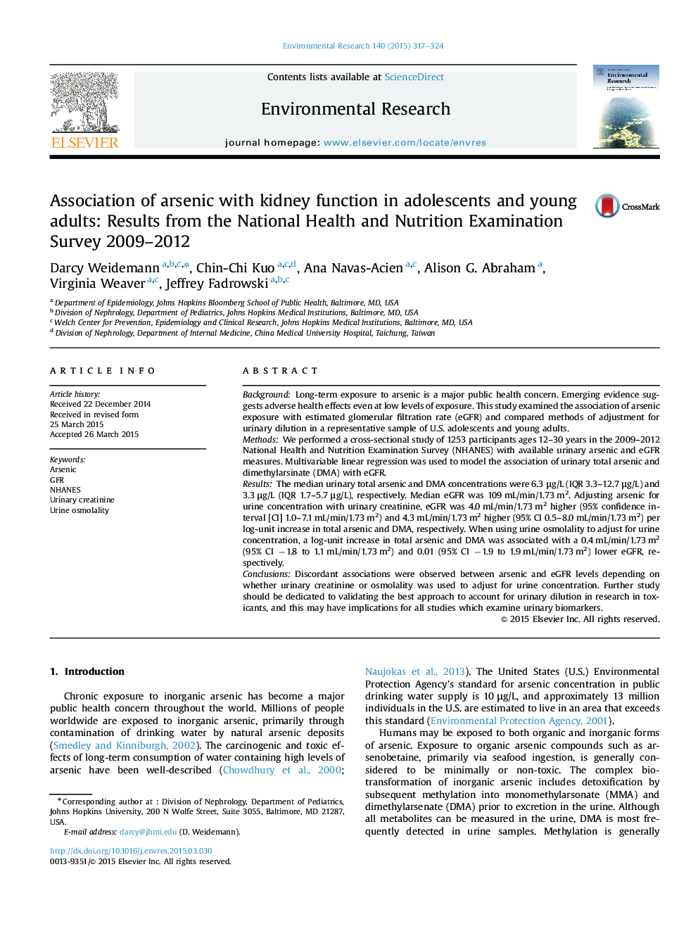 Association of arsenic with kidney function in adolescents and young adults: Results from the National Health and Nutrition Examination Survey 2009-2012