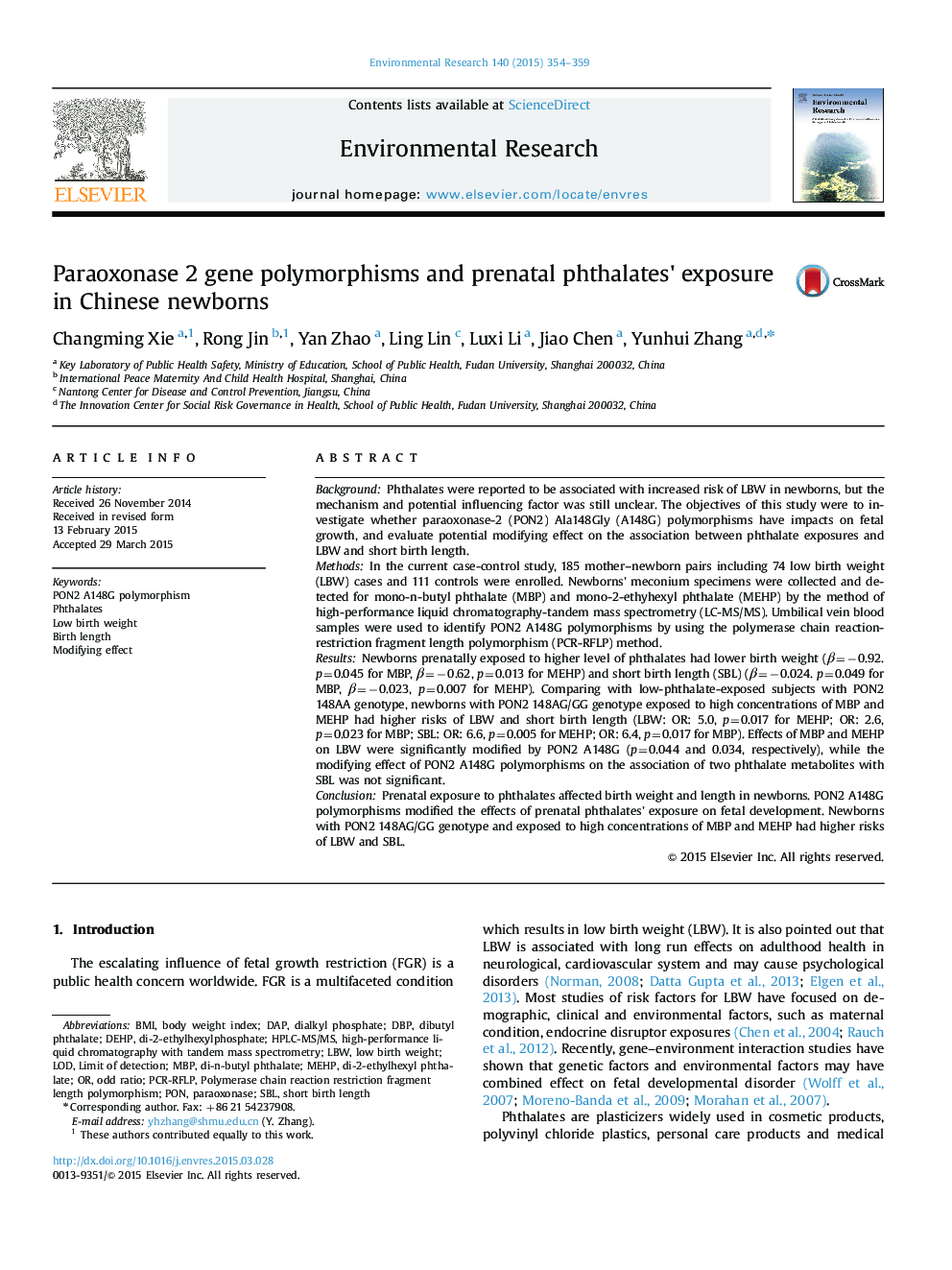 Paraoxonase 2 gene polymorphisms and prenatal phthalates' exposure in Chinese newborns