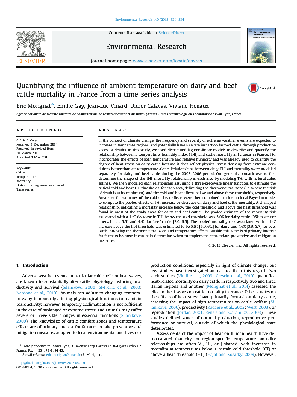 Quantifying the influence of ambient temperature on dairy and beef cattle mortality in France from a time-series analysis