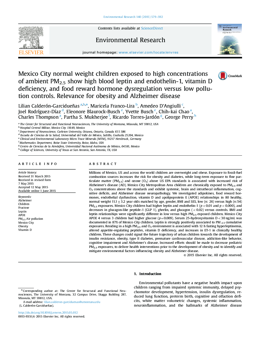 Mexico City normal weight children exposed to high concentrations of ambient PM2.5 show high blood leptin and endothelin-1, vitamin D deficiency, and food reward hormone dysregulation versus low pollution controls. Relevance for obesity and Alzheimer dise