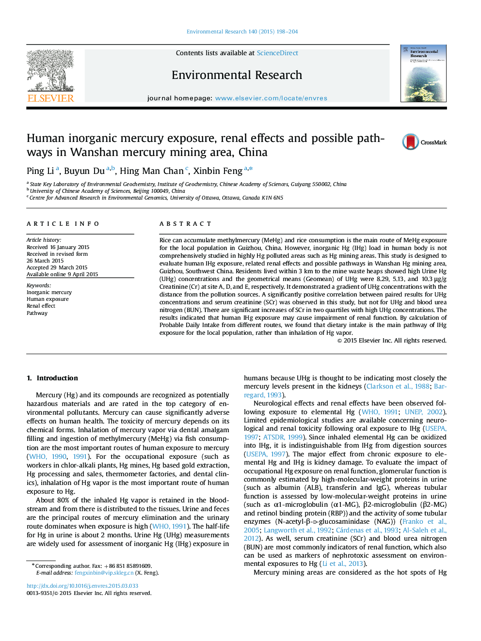 Human inorganic mercury exposure, renal effects and possible pathways in Wanshan mercury mining area, China