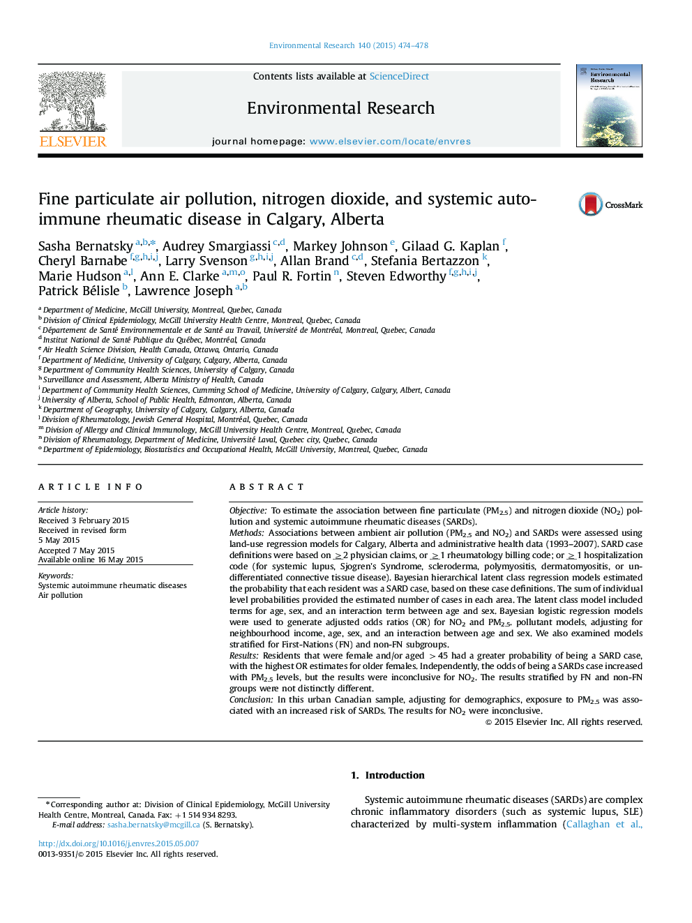 Fine particulate air pollution, nitrogen dioxide, and systemic autoimmune rheumatic disease in Calgary, Alberta