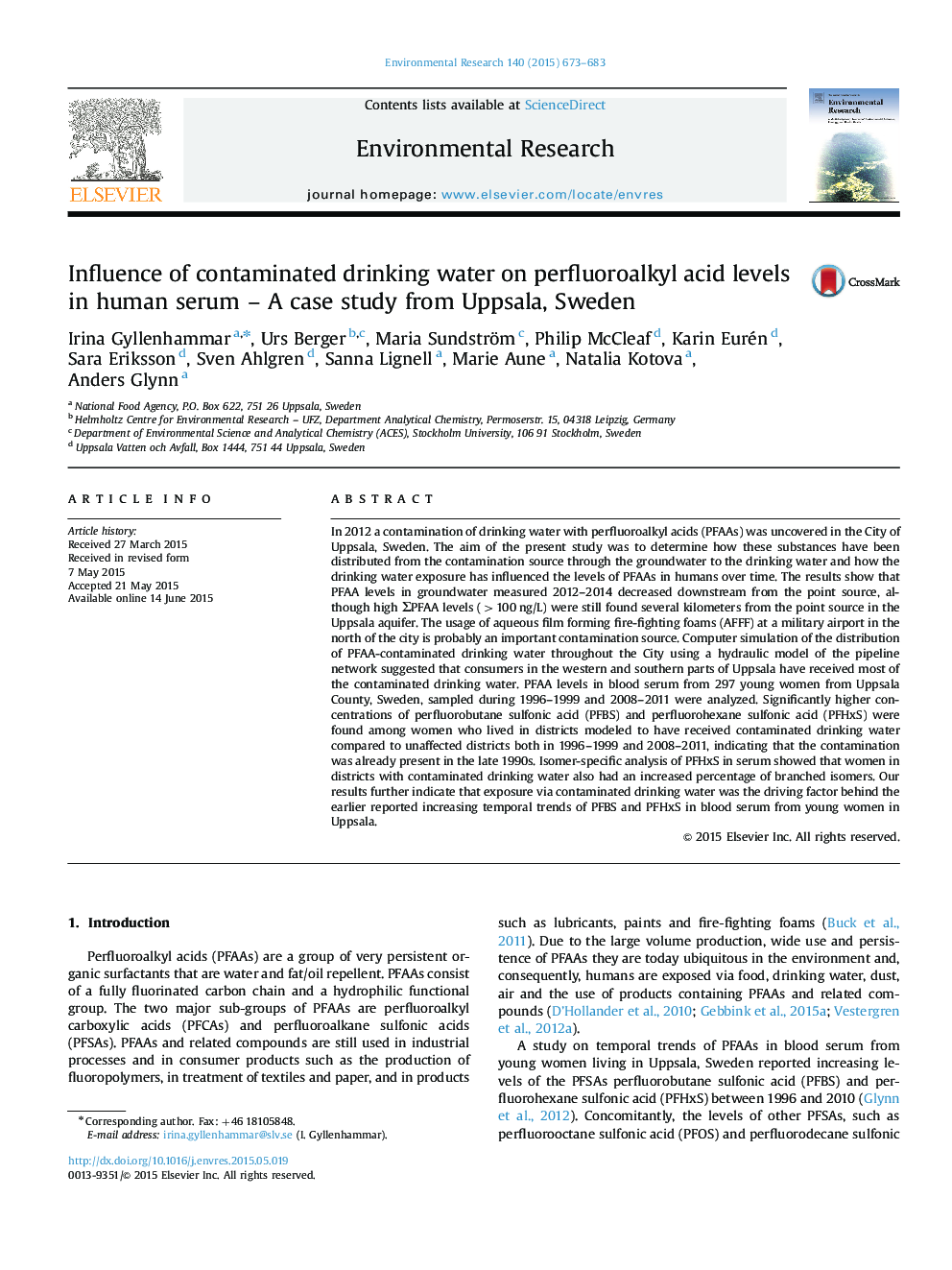 تأثیر آب آشامیدنی در سطح اسید پرفورورالکلی اسید در سرم انسان - مطالعه موردی از اوپسالا، سوئد 